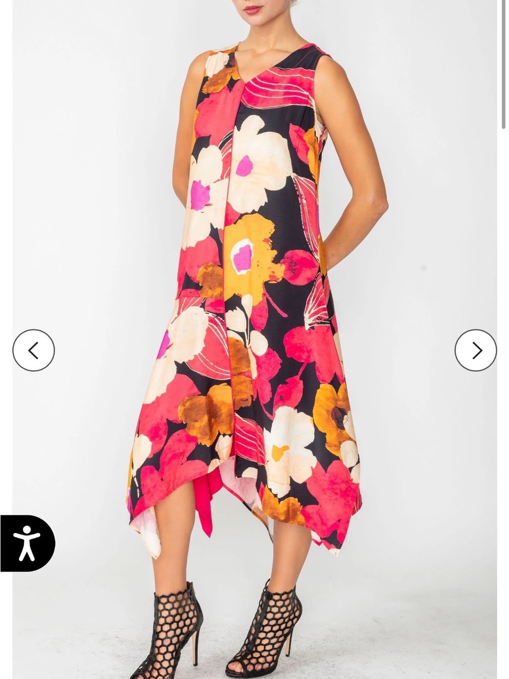 Floral V-Neck Sleeveless Handkerchief Hem Dress - Pink Multi